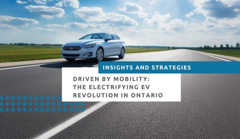 A beautiful high definition image of a sleek white electric SUV cruising down a empty highway, with the bright blue sky and bright sun behind. A banner above the SUV shows CITM - Centre of Integrated Transportation and Mobility's logo, as well as the texts "Driven by Mobility: The Electrifying EV Revolution in Ontario".