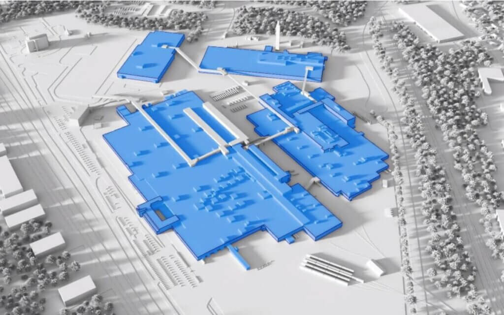 3D rendering of the new Oakville, Ontario EV complex by Ford Canada. The facility is highlighted in blue with a white backdrop. 