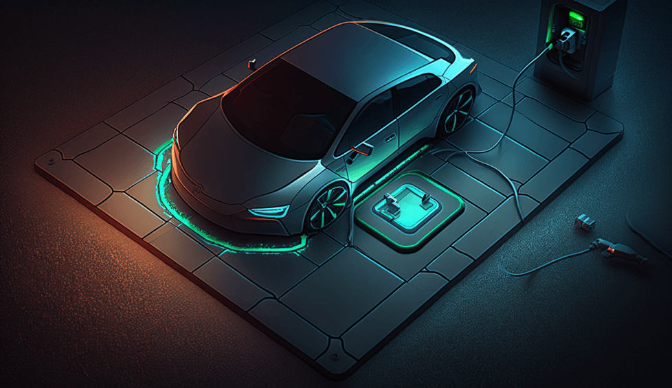 A sleek sedan being charged wirelessly on a charging pad, with old charging cables discarded to the side, depicting the advancements of EV charging technology. The car and the surrounding is shown in grey, with green hues of energy around the vehicle to show the power of green energy.